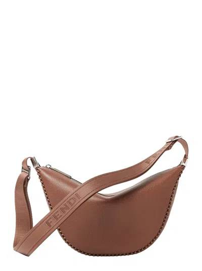 Fendi 'melon Small' Brown Crossbody Bag  With Logo Strap And Metallic Ffs On The Sides In Leather Ma