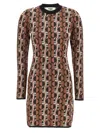 Fendi Shiny Jacquard Viscose Mini Dress With Geometric Pattern In Brown