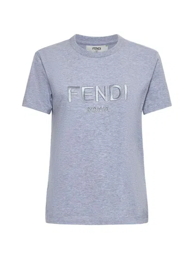Fendi Logo Cotton T-shirt In Grey Melange