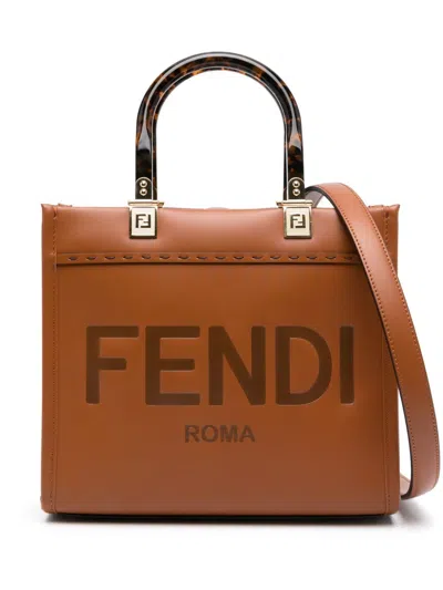 Fendi Sunshine Small Leather Tote Bag In Brown