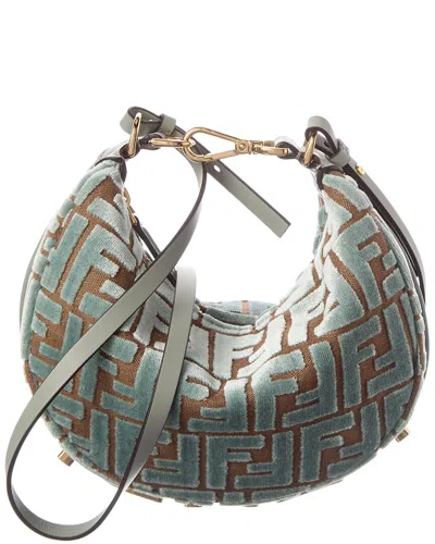 Fendi Graphy Mini Ff Jacquard Velvet & Leather Hobo Bag In Green