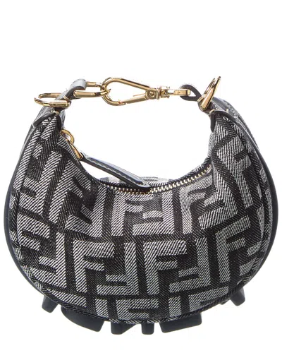 Fendi Graphy Nano Ff Denim & Leather Bag Charm In Black