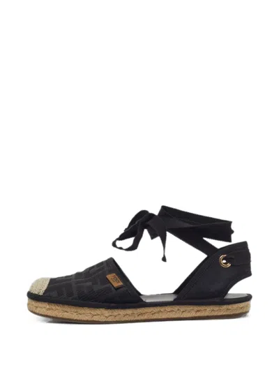 Pre-owned Fendi Ff Ankle-wrap Espadrilles In Black