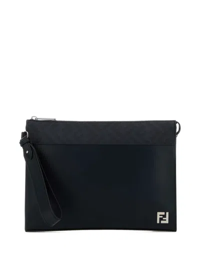 Fendi Men Midnight Blue Leather Squared Ff Clutch In Black