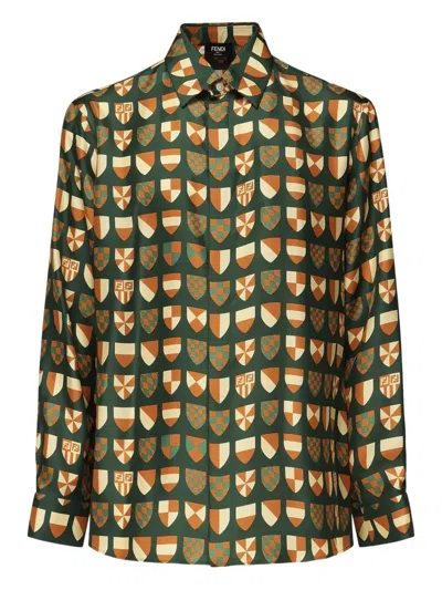 Fendi Ff Araldic Silk Shirt In Green, Orange