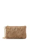 Fendi Baguette Denim Pouch With Ff Flocked Logo In Brown