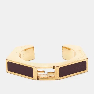 Pre-owned Fendi Ff Baugette Enamel Gold Tone Ring Size 51