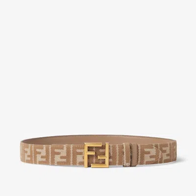Fendi Reversible Belt In Ff Jacquard With Denim And Leather Effect In Brown