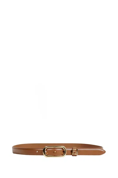Fendi Ff Leather Slim Belt In Brown