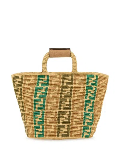 Fendi Ff Braided Raffia Tote Bag In Beige