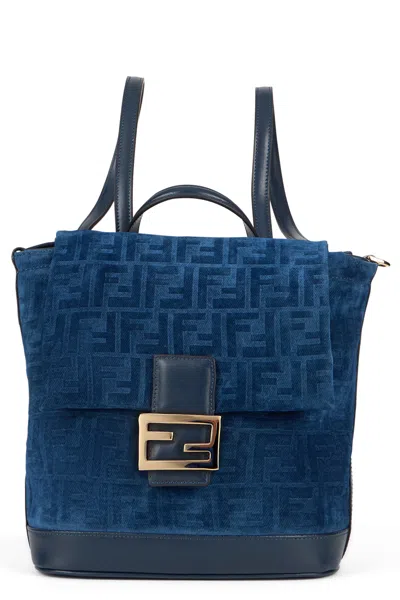 Fendi Ff Buckle Velvet Backpack In Blue