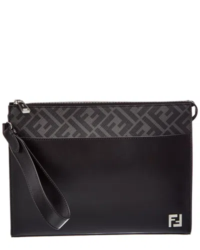 Fendi Ff Canvas & Leather Clutch In Black