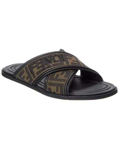 Fendi Double Crossed Band Logo Slides With Jacquard Ff Design In Black