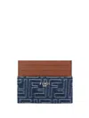 Fendi Blue Denim Effect Ff Jacquard Card Holder And Brown Leather Men In Blue