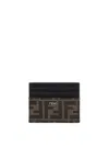 Fendi Brown Card-holder With Metal Lettering In Leather And Ff Canvas Man In Black