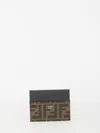 Fendi Brown Card-holder With Metal Lettering In Leather And Ff Canvas Man In Beige