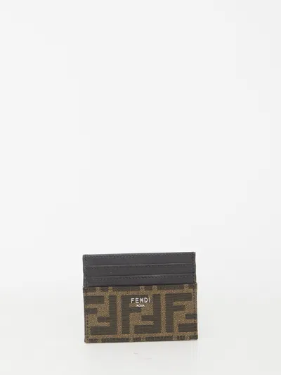 Fendi Men Leather Card Holder With Ff Jacquard Fabric Inserts In Brown