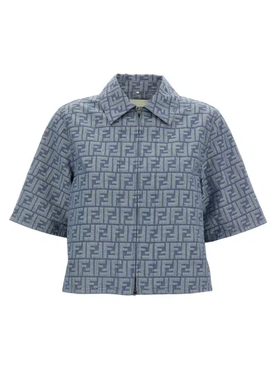 Fendi Ff Chambray Denim Jacket Puffer Jackets Blue