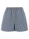 Fendi Embroidered Chambray Shorts With All-over Pattern In Blue