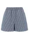 Fendi Embroidered Chambray Shorts With All-over Pattern In Blue
