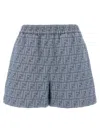 Fendi Embroidered Chambray Shorts With All-over Pattern In Blue