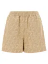 Fendi Women Beige Shorts With Elastic Waist And Wide Leg In Chambray Ff Woman In Gold