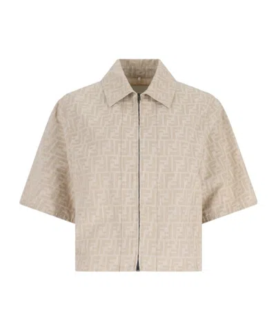 Fendi Shirt Collar Short Sleeve Cropped Jacket In Neutral