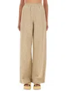 Fendi Women Beige Pants With Elastic Waist And Wide Leg In Chambray Ff Woman In Gold