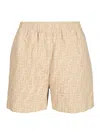Fendi Women Beige Shorts With Elastic Waist And Wide Leg In Chambray Ff Woman In Neutral