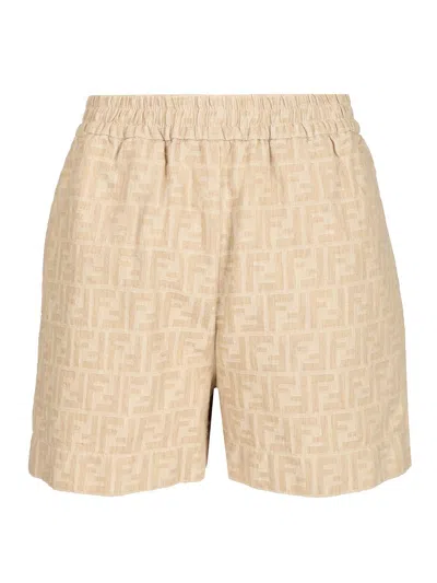 Fendi Ff Chambray Shorts Trousers Beige In Neutral