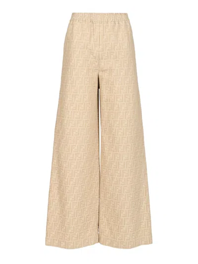 Fendi Ff Chambray Trousers Beige In Neutral