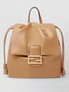 Fendi Ff Clasp Leather Backpack Medium Size In Neutral
