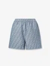 Fendi Embroidered Chambray Shorts With All-over Pattern In Blue