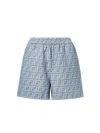 Fendi Embroidered Chambray Shorts With All-over Pattern In Blue