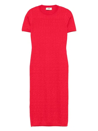 FENDI FF COTTON AND VISCOSE FITTED MIDI DRESS