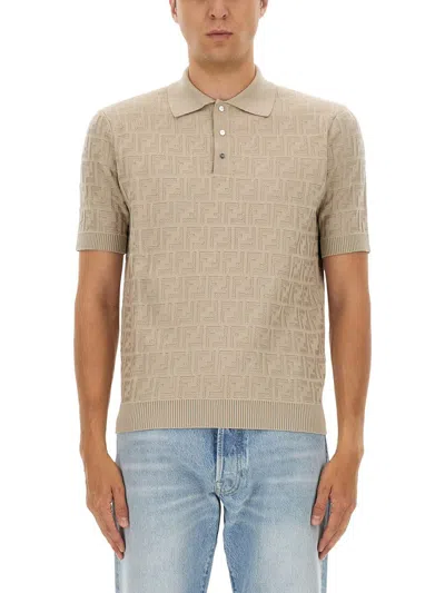 Fendi Ff Cotton Knit Polo Shirt In Neutral