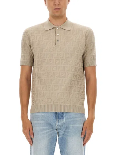 Fendi Ff Cotton Knit Polo Shirt In Neutral