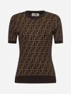 Fendi Cotton Sweater With All-over Ff Motif In Tobacco