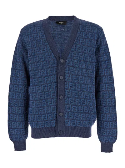 Fendi Embroidered Stretch Linen Blend Cardigan In Blue