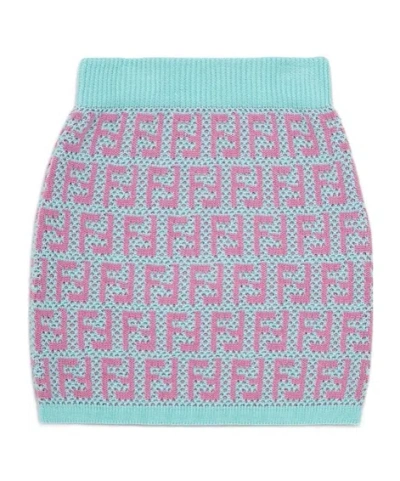 Fendi Kids' Multicolour Crocheted Cotton Junior Mini Skirt In Aqua