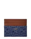 Fendi Ff Denim & Leather Card Case In Blue