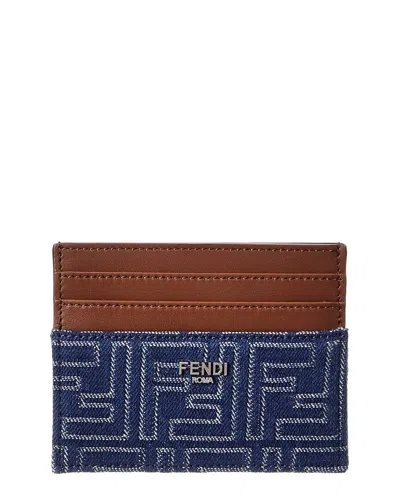 Fendi Ff Denim & Leather Card Case In Blue