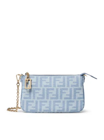 Fendi Ff Denim Baguette Pouch Light Blue