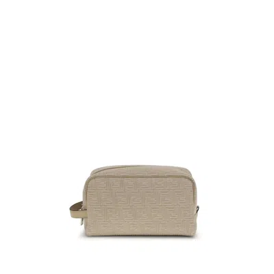 Fendi Ff-motif Leather-trimmed Toiletry Bag In Neutral