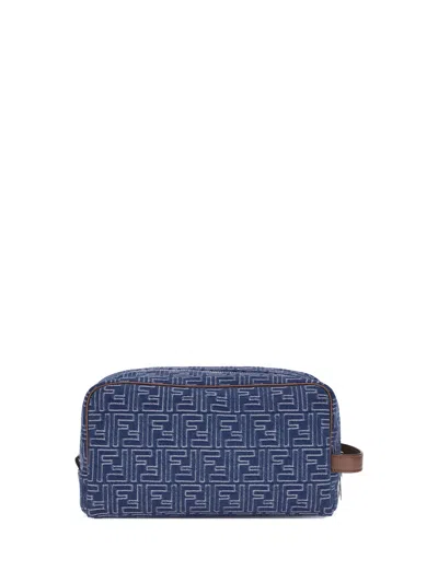 Fendi Medium Toiletry Case In Denim-effect Ff Jacquard In Blue