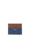 Fendi Blue Denim Effect Ff Jacquard Card Holder And Brown Leather Men