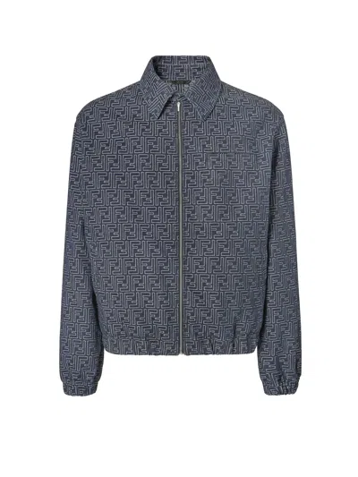 Fendi Embroidered Denim Bomber Jacket In Blue