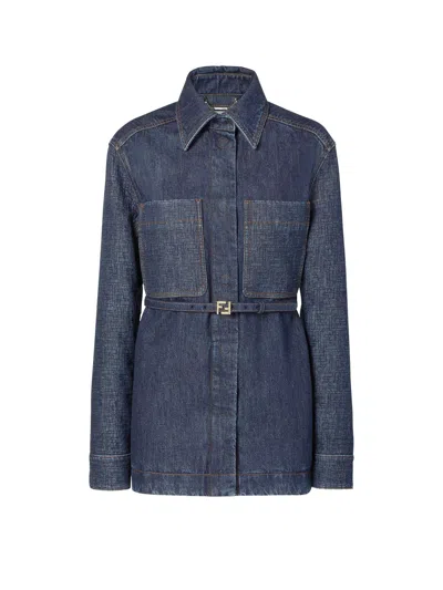 Fendi Go-to Denim Shirt Jacket With Quilted Ff Motif Clothing In Blue