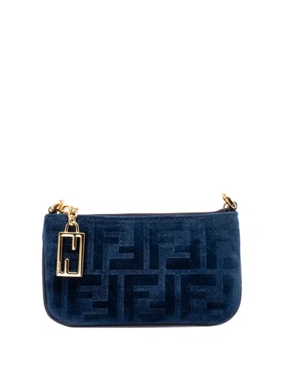 Fendi `ff` Denim Mini Flat Pouch In Blue