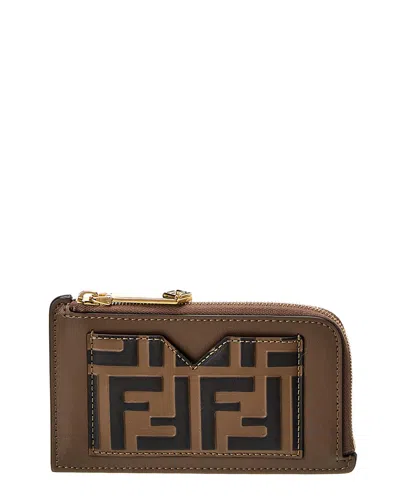 Fendi Ff Diamonds Leather Card Holder In Brown